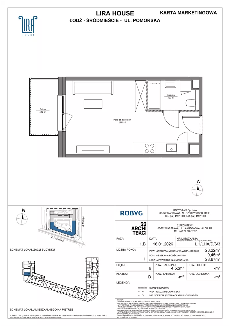 1 pokój, mieszkanie 28,22 m², piętro 6, oferta nr LH/LHA/D/6/3, Lira House, Łódź, Śródmieście, ul. Pomorska