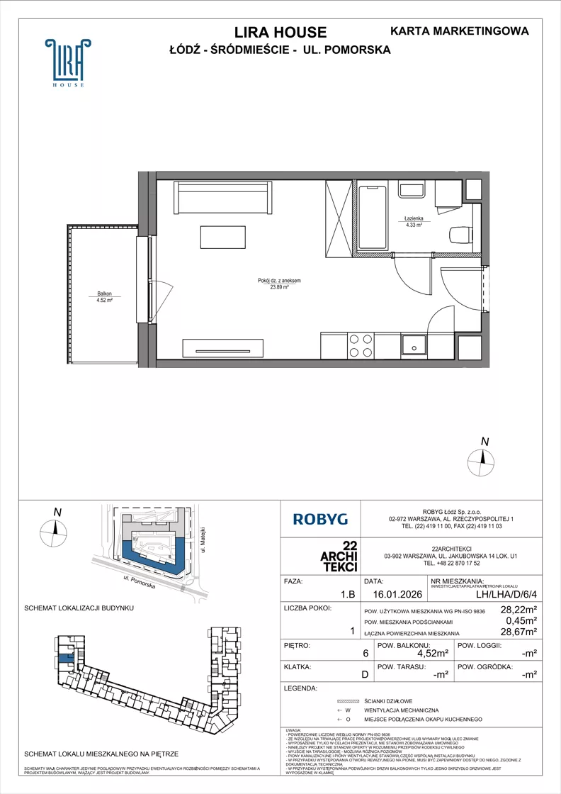 1 pokój, mieszkanie 28,22 m², piętro 6, oferta nr LH/LHA/D/6/4, Lira House, Łódź, Śródmieście, ul. Pomorska