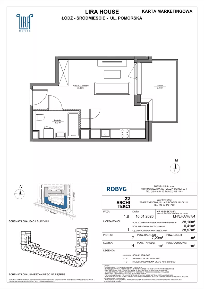 1 pokój, mieszkanie 28,16 m², piętro 7, oferta nr LH/LHA/H/7/4, Lira House, Łódź, Śródmieście, ul. Pomorska