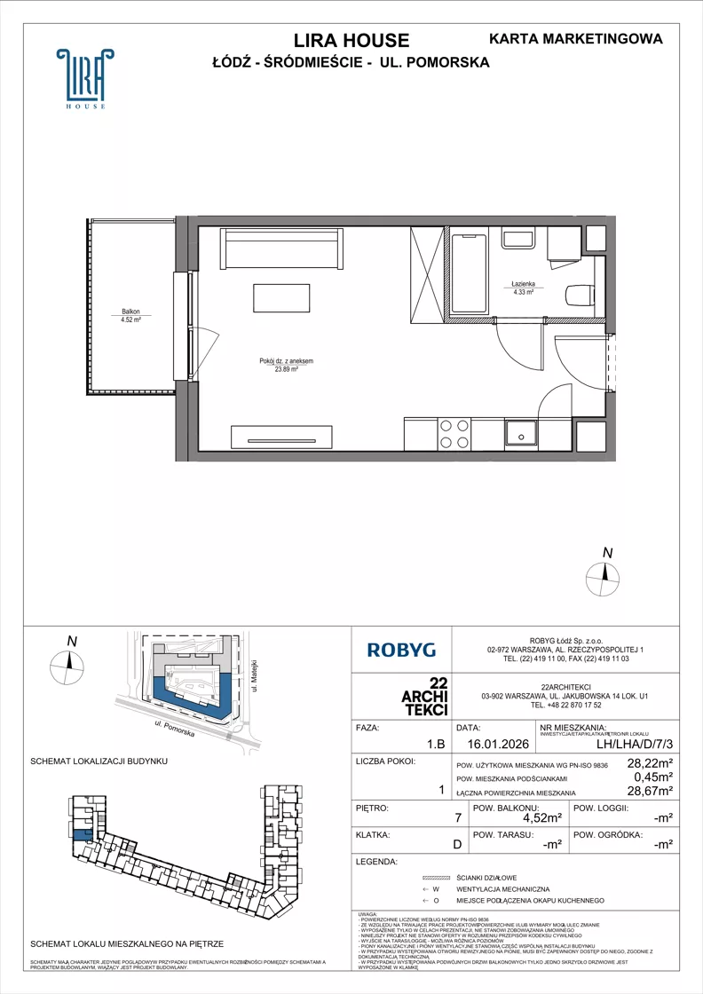 1 pokój, mieszkanie 28,22 m², piętro 7, oferta nr LH/LHA/D/7/3, Lira House, Łódź, Śródmieście, ul. Pomorska