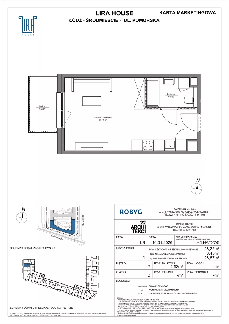 1 pokój, mieszkanie 28,22 m², piętro 7, oferta nr LH/LHA/D/7/5, Lira House, Łódź, Śródmieście, ul. Pomorska