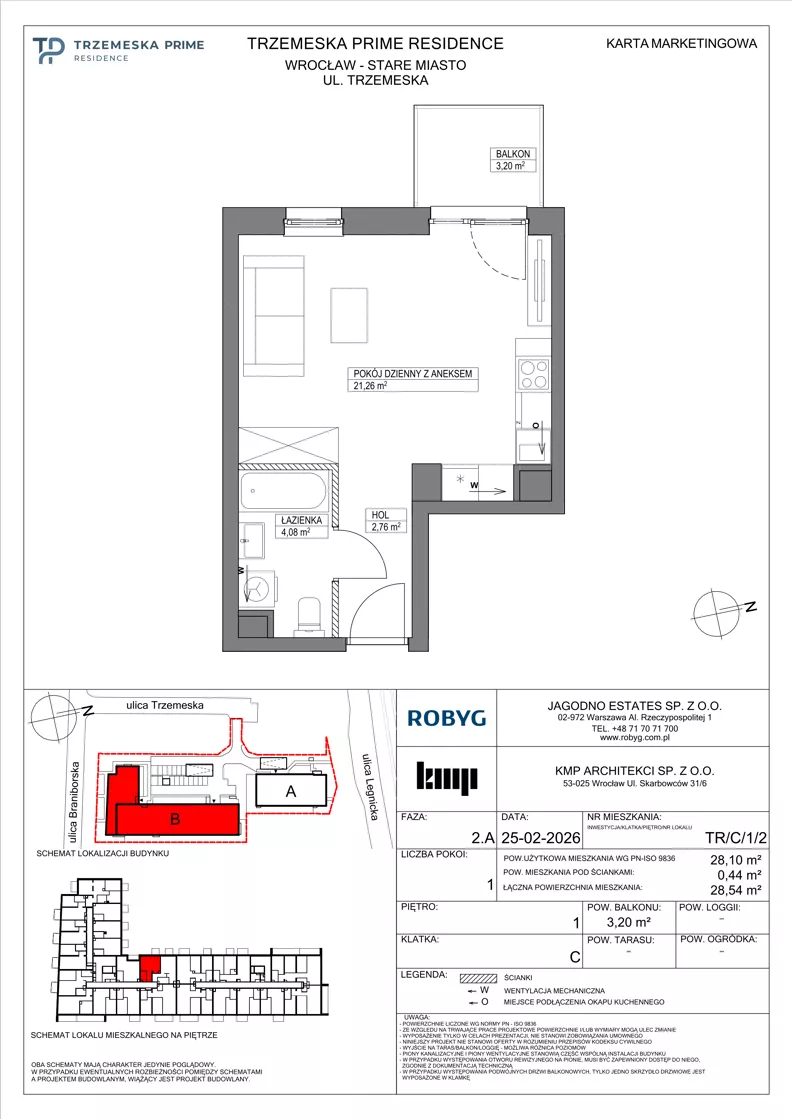 1 pokój, mieszkanie 28,10 m², piętro 1, oferta nr TR/C/1/2, Trzemeska Prime Residence, Wrocław, Stare Miasto, ul. Trzemeska