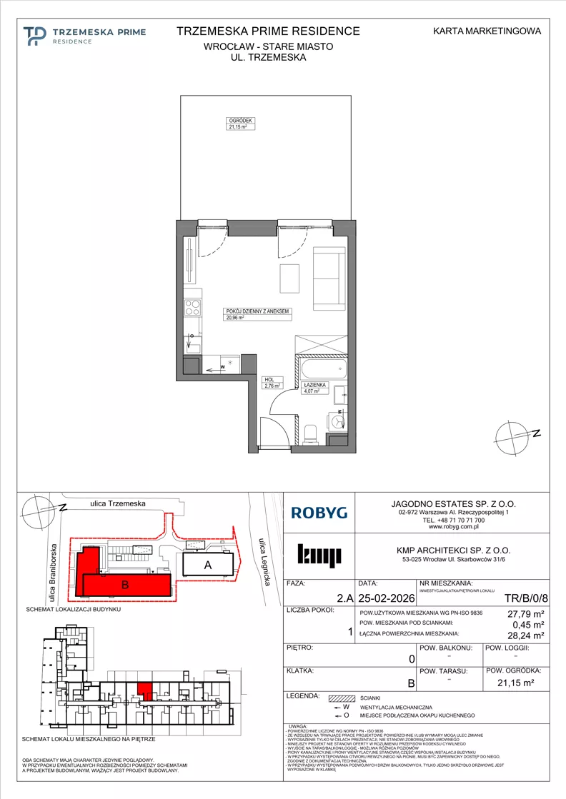 1 pokój, mieszkanie 27,79 m², parter, oferta nr TR/B/0/8, Trzemeska Prime Residence, Wrocław, Stare Miasto, ul. Trzemeska