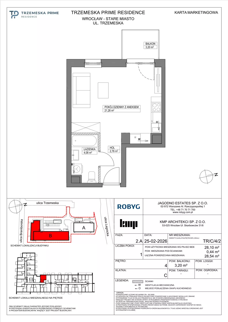1 pokój, mieszkanie 28,10 m², piętro 4, oferta nr TR/C/4/2, Trzemeska Prime Residence, Wrocław, Stare Miasto, ul. Trzemeska
