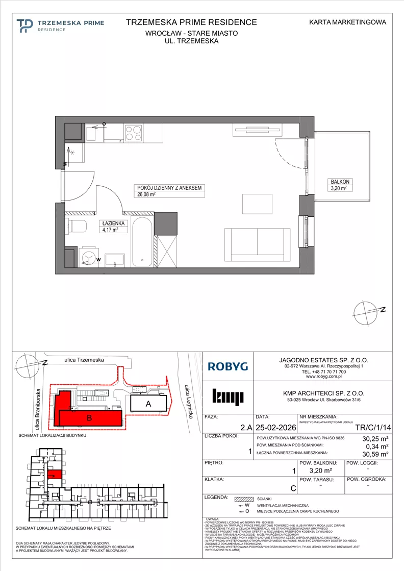 1 pokój, mieszkanie 30,25 m², piętro 1, oferta nr TR/C/1/14, Trzemeska Prime Residence, Wrocław, Stare Miasto, ul. Trzemeska