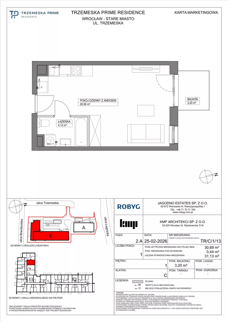 1 pokój, mieszkanie 30,69 m², piętro 1, oferta nr TR/C/1/13, Trzemeska Prime Residence, Wrocław, Stare Miasto, ul. Trzemeska