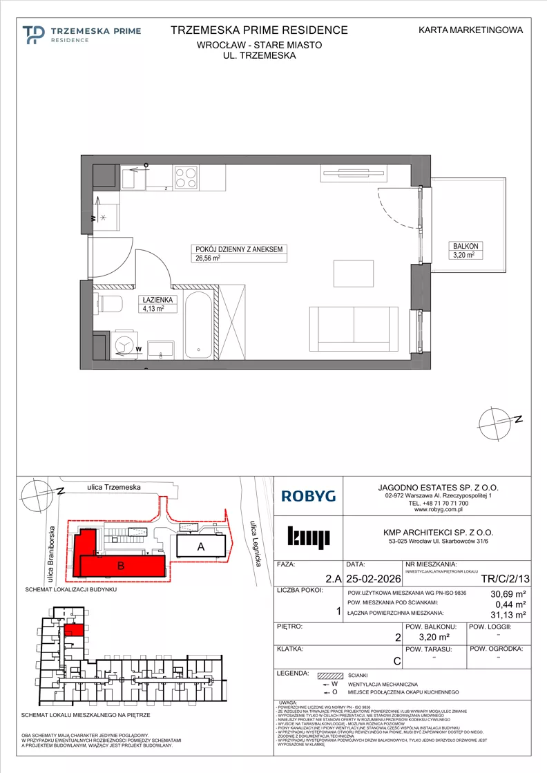 1 pokój, mieszkanie 30,69 m², piętro 2, oferta nr TR/C/2/13, Trzemeska Prime Residence, Wrocław, Stare Miasto, ul. Trzemeska