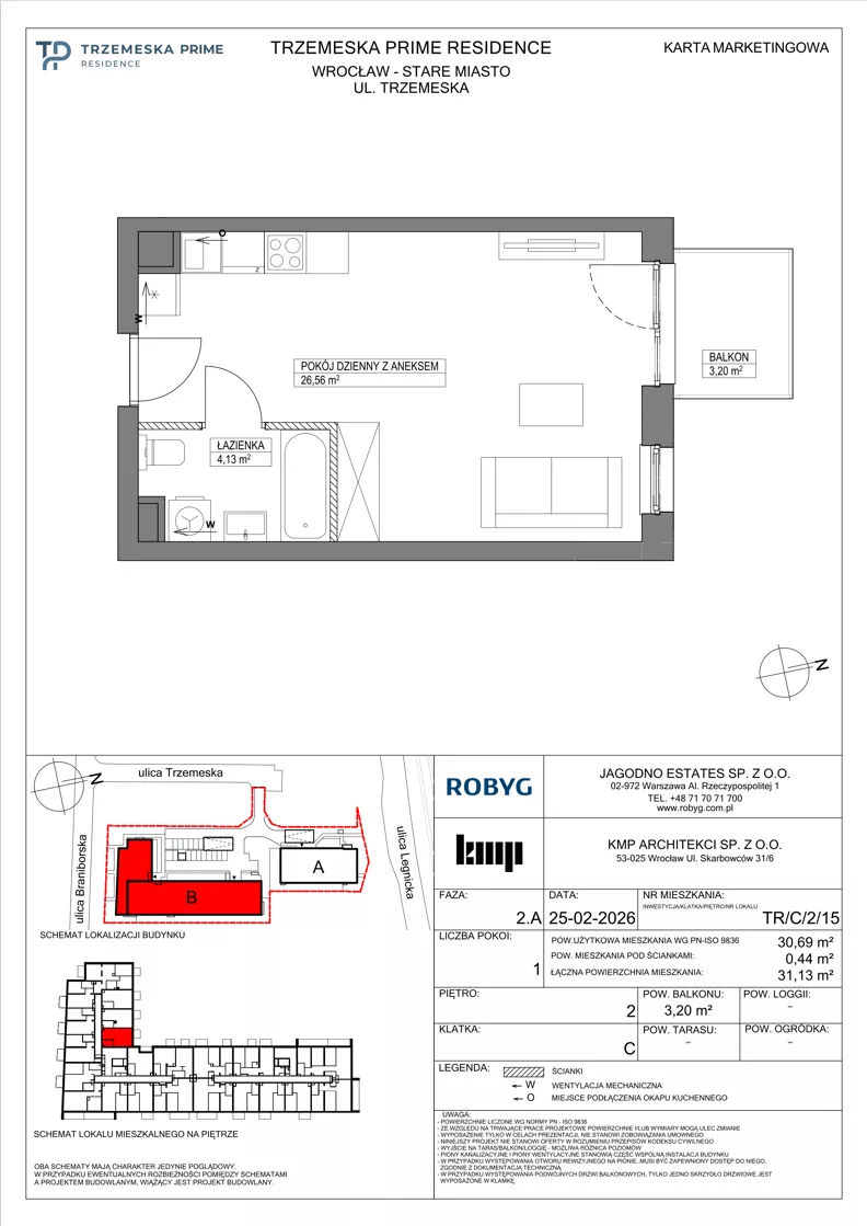 1 pokój, mieszkanie 30,69 m², piętro 2, oferta nr TR/C/2/15, Trzemeska Prime Residence, Wrocław, Stare Miasto, ul. Trzemeska