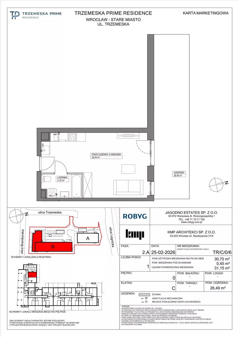 1 pokój, mieszkanie 30,70 m², parter, oferta nr TR/C/0/6, Trzemeska Prime Residence, Wrocław, Stare Miasto, ul. Trzemeska