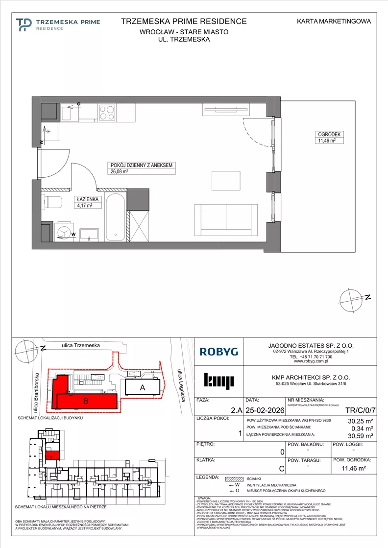 1 pokój, mieszkanie 30,25 m², parter, oferta nr TR/C/0/7, Trzemeska Prime Residence, Wrocław, Stare Miasto, ul. Trzemeska