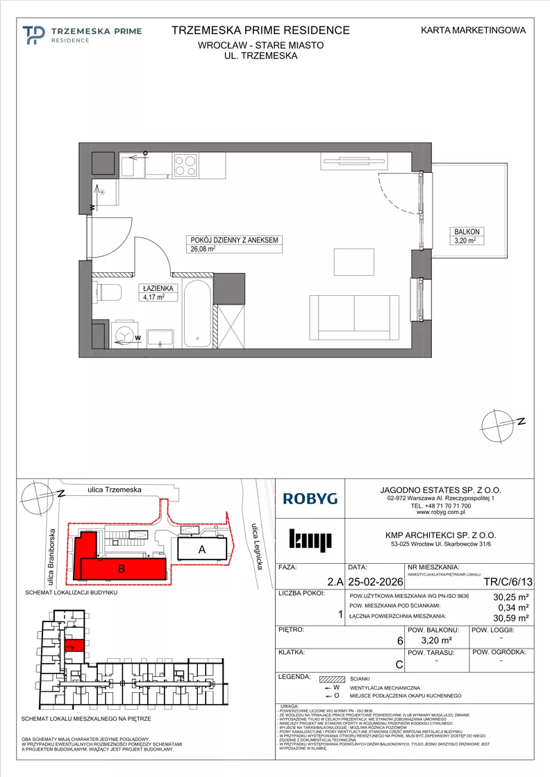 1 pokój, mieszkanie 30,25 m², piętro 6, oferta nr TR/C/6/13, Trzemeska Prime Residence, Wrocław, Stare Miasto, ul. Trzemeska