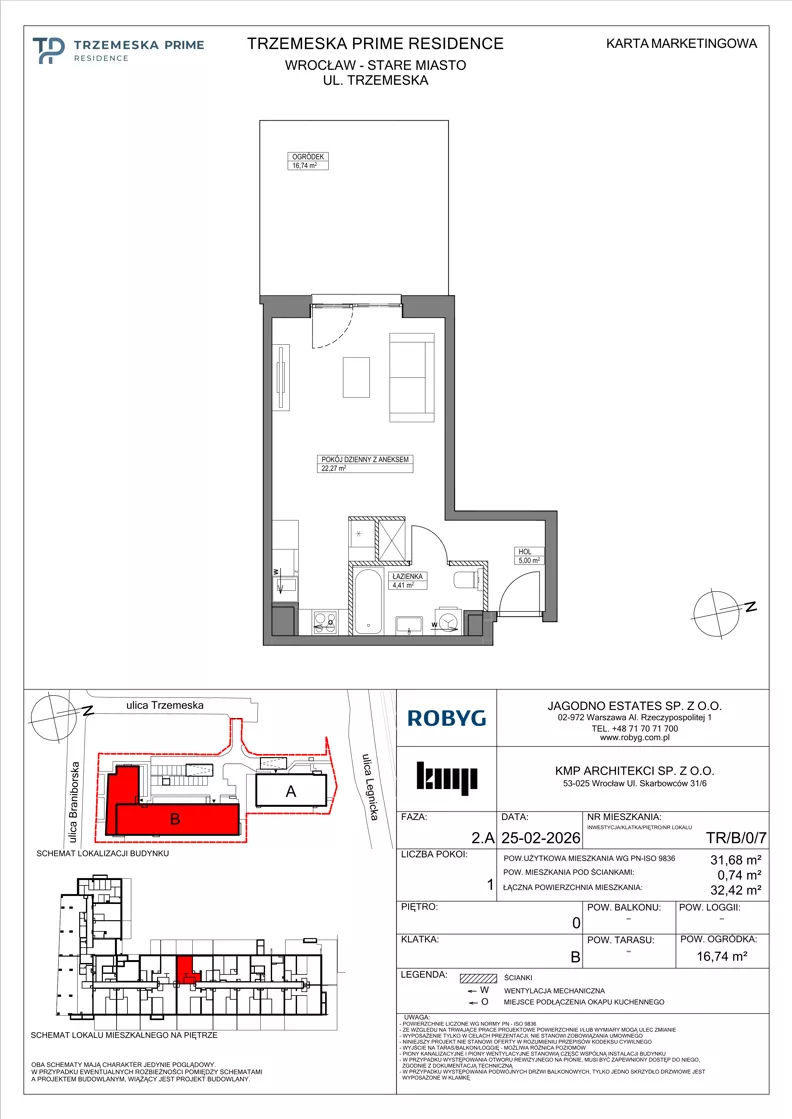 1 pokój, mieszkanie 31,68 m², parter, oferta nr TR/B/0/7, Trzemeska Prime Residence, Wrocław, Stare Miasto, ul. Trzemeska