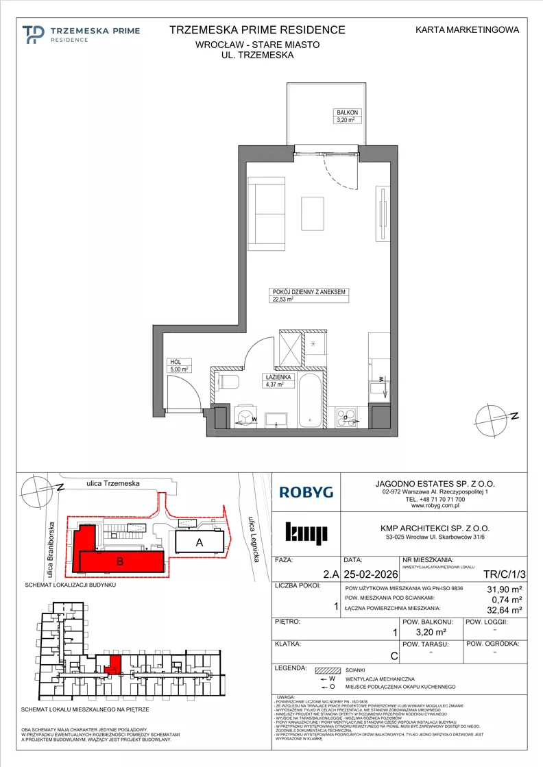 1 pokój, mieszkanie 31,90 m², piętro 1, oferta nr TR/C/1/3, Trzemeska Prime Residence, Wrocław, Stare Miasto, ul. Trzemeska