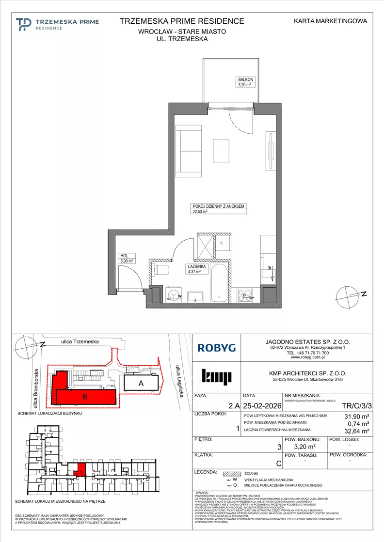 1 pokój, mieszkanie 31,90 m², piętro 3, oferta nr TR/C/3/3, Trzemeska Prime Residence, Wrocław, Stare Miasto, ul. Trzemeska