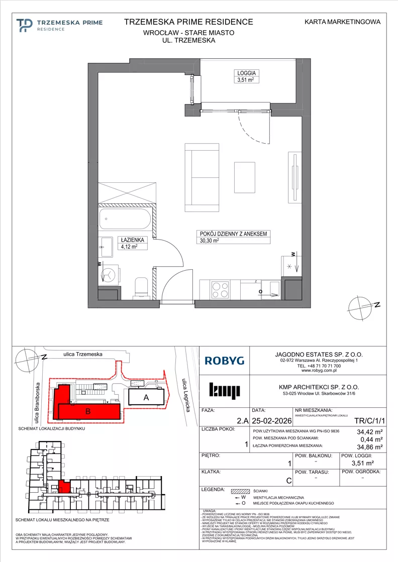 1 pokój, mieszkanie 34,42 m², piętro 1, oferta nr TR/C/1/1, Trzemeska Prime Residence, Wrocław, Stare Miasto, ul. Trzemeska