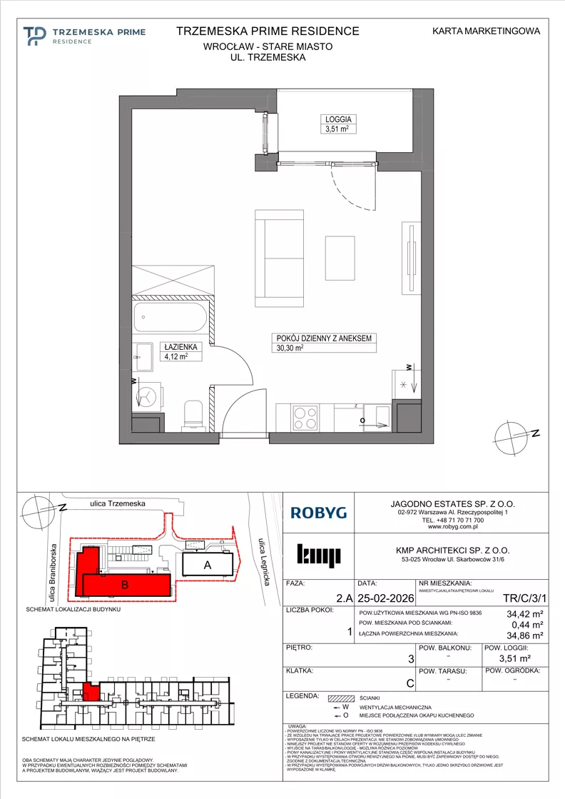1 pokój, mieszkanie 34,42 m², piętro 3, oferta nr TR/C/3/1, Trzemeska Prime Residence, Wrocław, Stare Miasto, ul. Trzemeska
