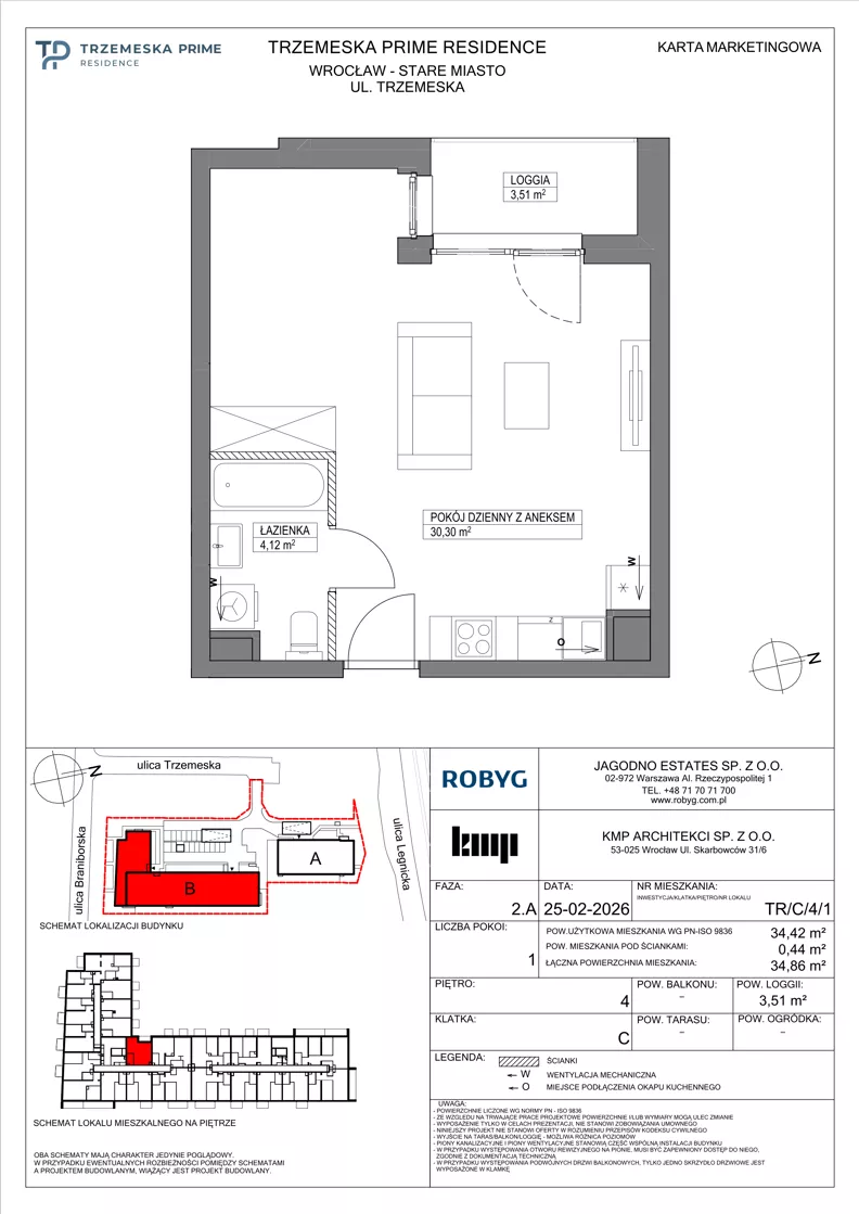 1 pokój, mieszkanie 34,42 m², piętro 4, oferta nr TR/C/4/1, Trzemeska Prime Residence, Wrocław, Stare Miasto, ul. Trzemeska