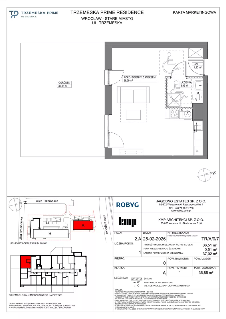 1 pokój, mieszkanie 36,51 m², parter, oferta nr TR/A/0/7, Trzemeska Prime Residence, Wrocław, Stare Miasto, ul. Trzemeska