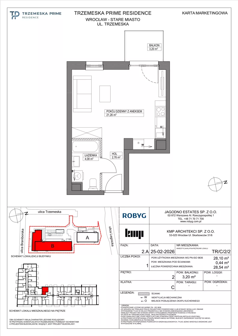 1 pokój, mieszkanie 28,10 m², piętro 2, oferta nr TR/C/2/2, Trzemeska Prime Residence, Wrocław, Stare Miasto, ul. Trzemeska