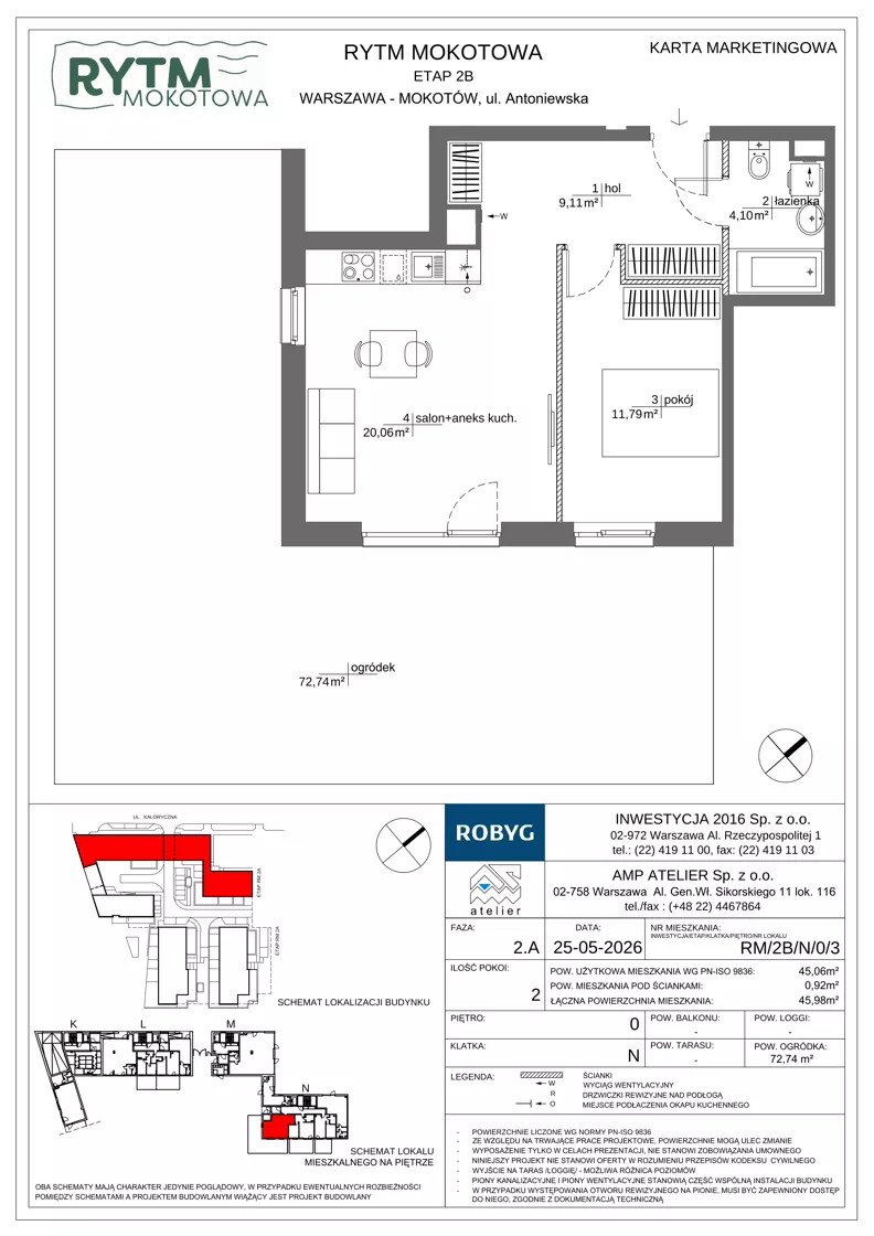 2 pokoje, mieszkanie 45,06 m², parter, oferta nr RM/2B/N/0/3, Rytm Mokotowa 2B, Warszawa, Mokotów, Augustówka, ul. Antoniewska/Kaloryczna