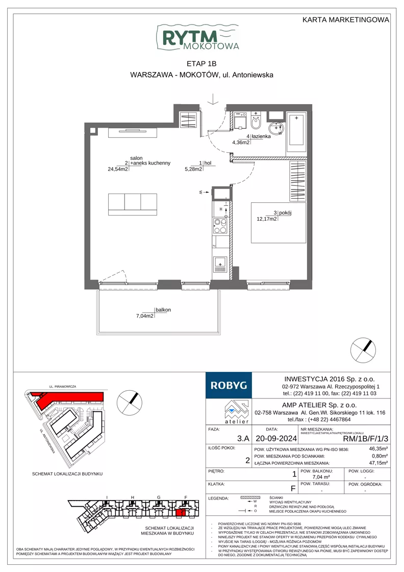 2 pokoje, mieszkanie 46,35 m², piętro 1, oferta nr RM/1B/F/1/3, Rytm Mokotowa 1B, Warszawa, Mokotów, Augustówka, ul. Antoniewska / Piramowicza