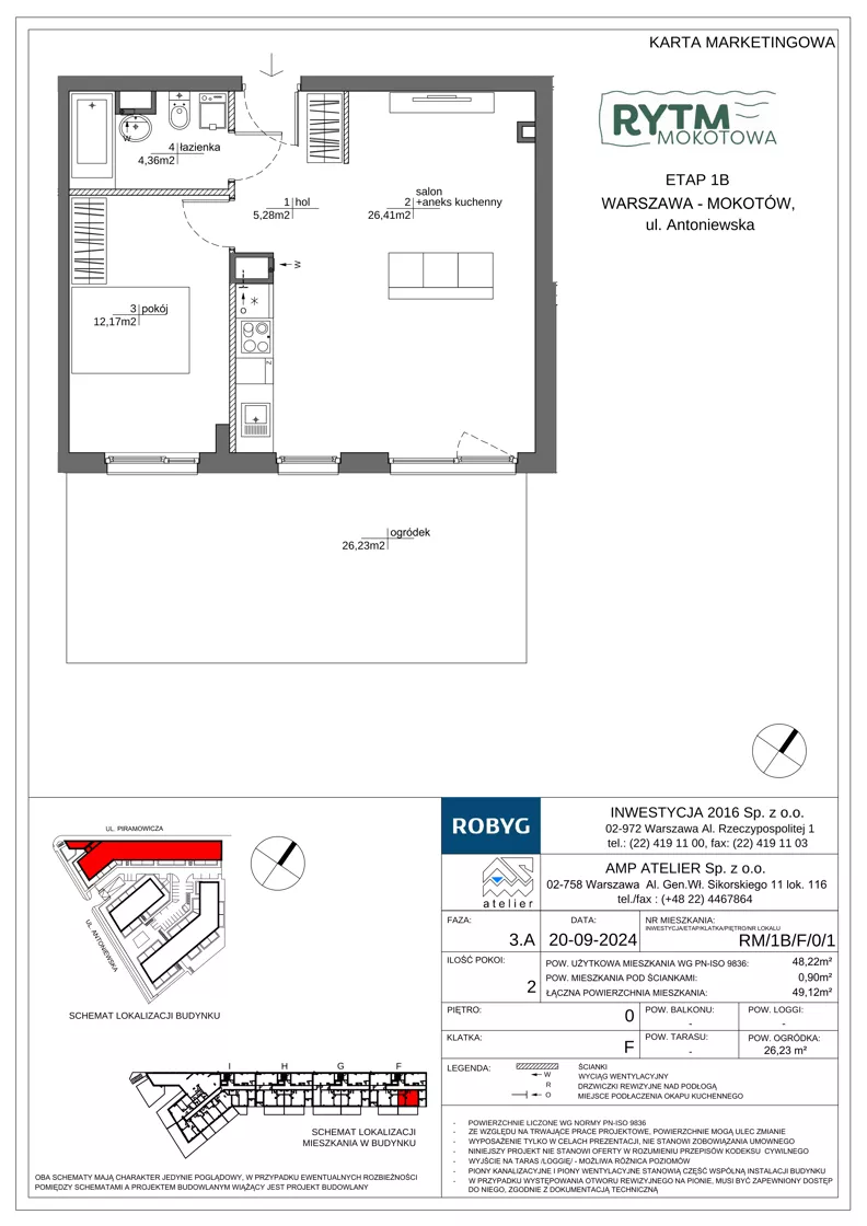 2 pokoje, mieszkanie 48,22 m², parter, oferta nr RM/1B/F/0/1, Rytm Mokotowa 1B, Warszawa, Mokotów, Augustówka, ul. Antoniewska / Piramowicza