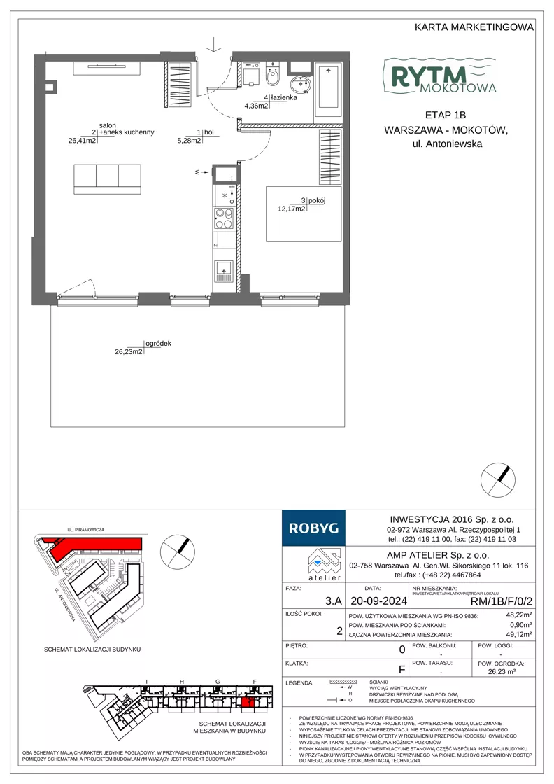 2 pokoje, mieszkanie 48,22 m², parter, oferta nr RM/1B/F/0/2, Rytm Mokotowa 1B, Warszawa, Mokotów, Augustówka, ul. Antoniewska / Piramowicza