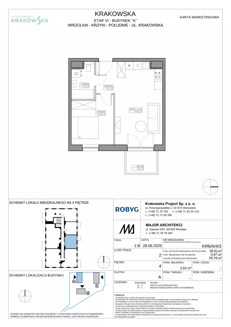 2 pokoje, mieszkanie 38,91 m², piętro 4, oferta nr KR6/A/4/3, Apartamenty Krakowska 6, Wrocław, Przedmieście Oławskie, Krzyki, ul. Krakowska