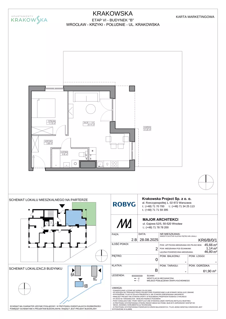 2 pokoje, mieszkanie 45,66 m², parter, oferta nr KR6/B/0/1, Apartamenty Krakowska 6, Wrocław, Przedmieście Oławskie, Krzyki, ul. Krakowska