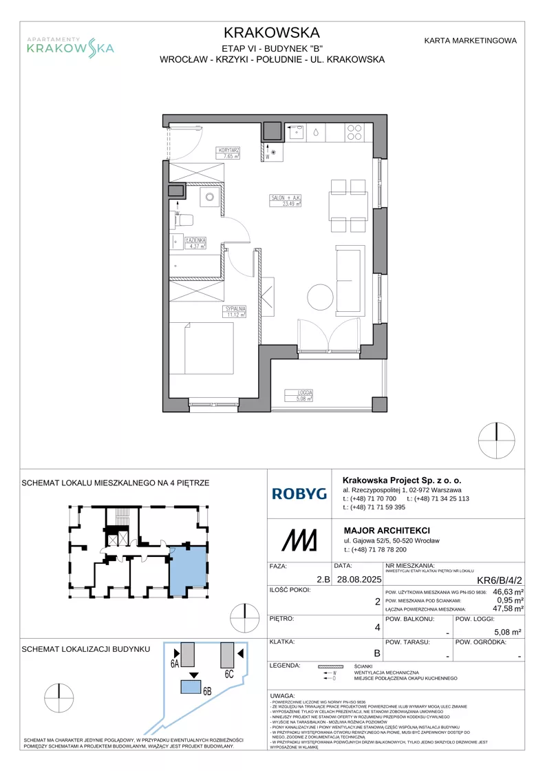 2 pokoje, mieszkanie 46,63 m², piętro 4, oferta nr KR6/B/4/2, Apartamenty Krakowska 6, Wrocław, Przedmieście Oławskie, Krzyki, ul. Krakowska