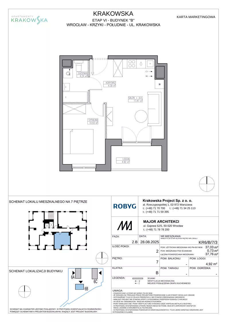 2 pokoje, mieszkanie 37,03 m², piętro 7, oferta nr KR6/B/7/3, Apartamenty Krakowska 6, Wrocław, Przedmieście Oławskie, Krzyki, ul. Krakowska