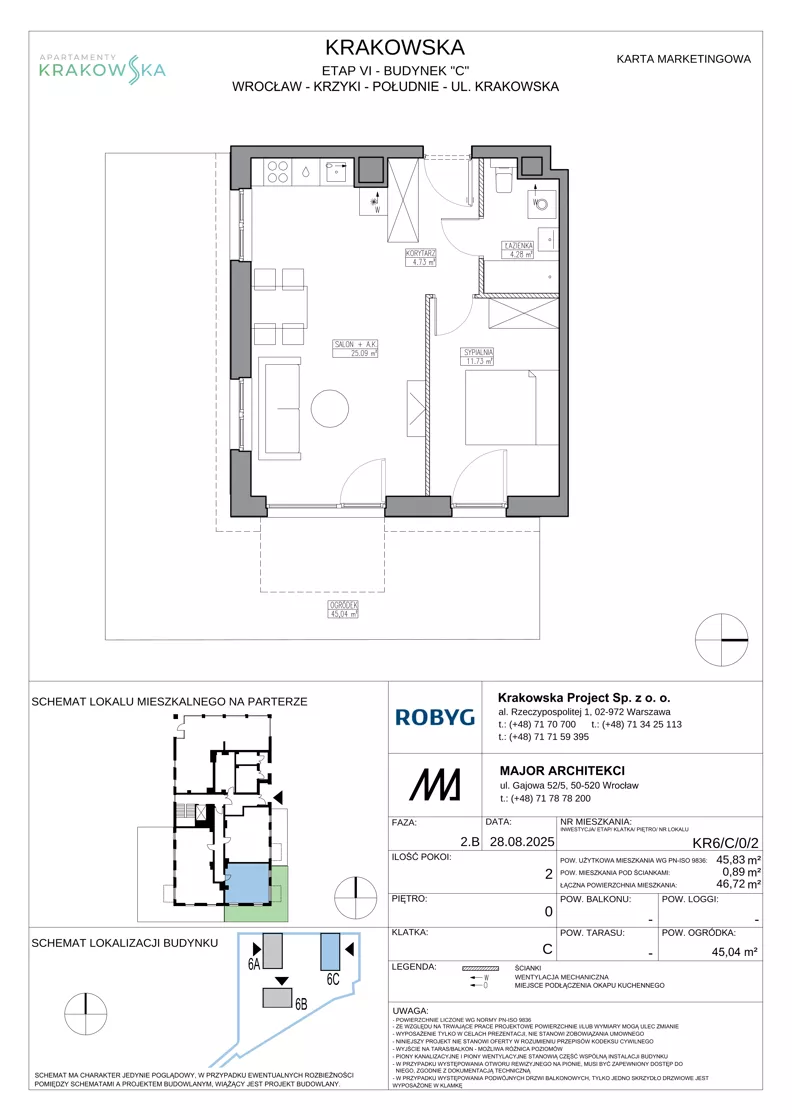 2 pokoje, mieszkanie 45,83 m², parter, oferta nr KR6/C/0/2, Apartamenty Krakowska 6, Wrocław, Przedmieście Oławskie, Krzyki, ul. Krakowska