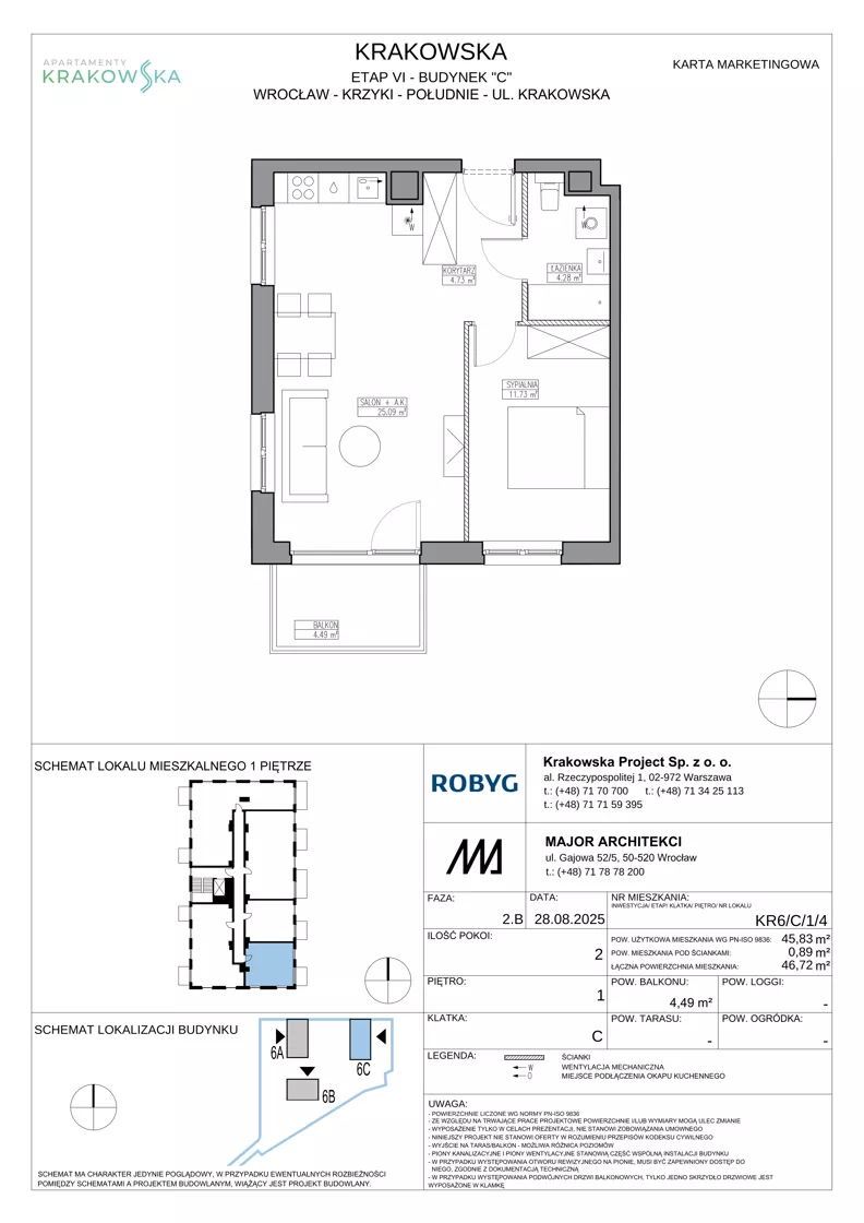 2 pokoje, mieszkanie 45,83 m², piętro 1, oferta nr KR6/C/1/4, Apartamenty Krakowska 6, Wrocław, Przedmieście Oławskie, Krzyki, ul. Krakowska