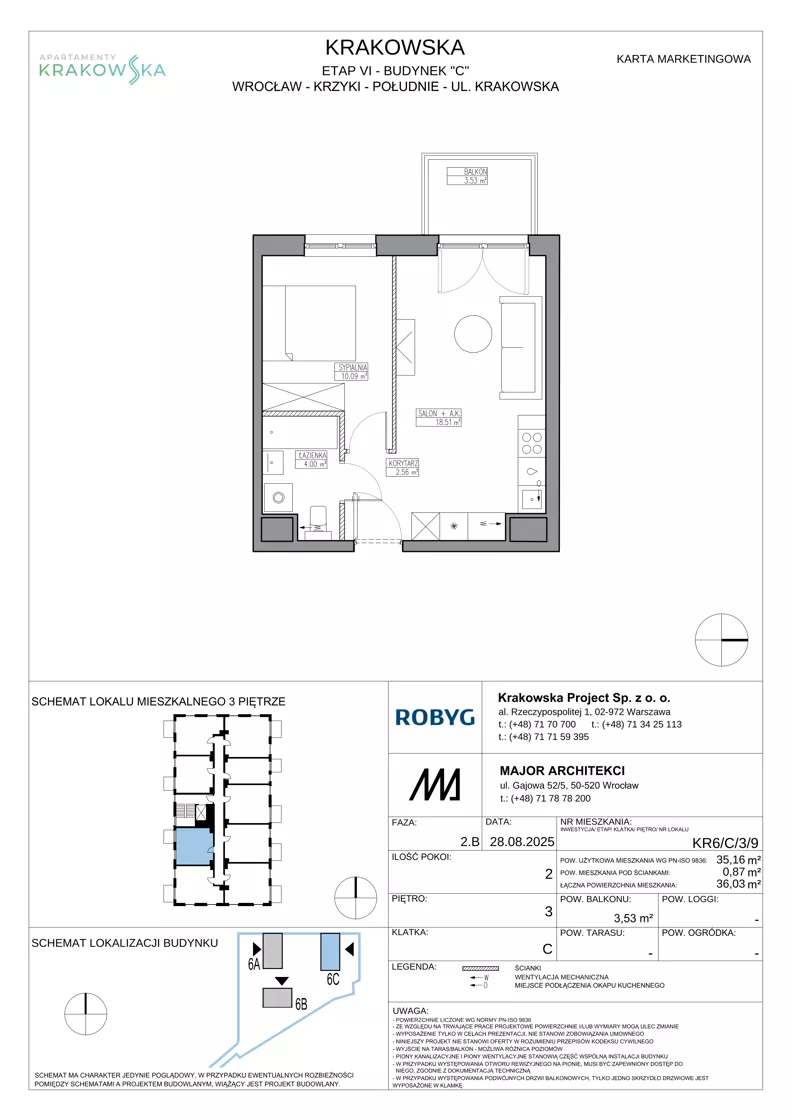 2 pokoje, mieszkanie 35,16 m², piętro 3, oferta nr KR6/C/3/9, Apartamenty Krakowska 6, Wrocław, Przedmieście Oławskie, Krzyki, ul. Krakowska