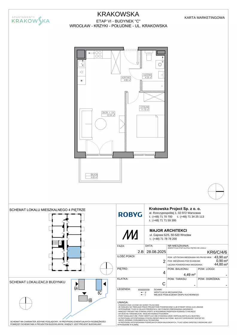 2 pokoje, mieszkanie 43,90 m², piętro 4, oferta nr KR6/C/4/6, Apartamenty Krakowska 6, Wrocław, Przedmieście Oławskie, Krzyki, ul. Krakowska