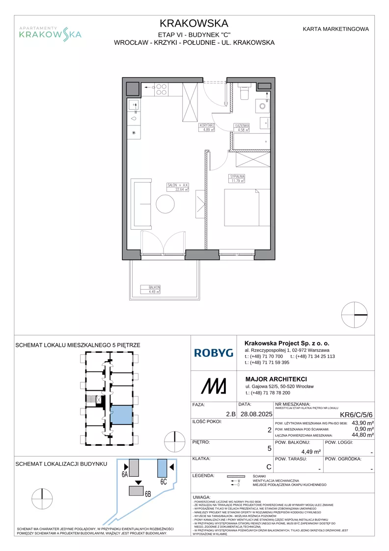 2 pokoje, mieszkanie 43,90 m², piętro 5, oferta nr KR6/C/5/6, Apartamenty Krakowska 6, Wrocław, Przedmieście Oławskie, Krzyki, ul. Krakowska