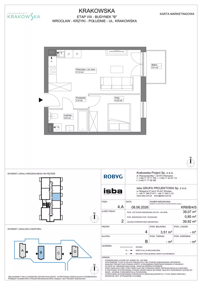 2 pokoje, mieszkanie 39,07 m², piętro 4, oferta nr KR8/B/4/5, Apartamenty Krakowska 8, Wrocław, Przedmieście Oławskie, Krzyki, ul. Krakowska