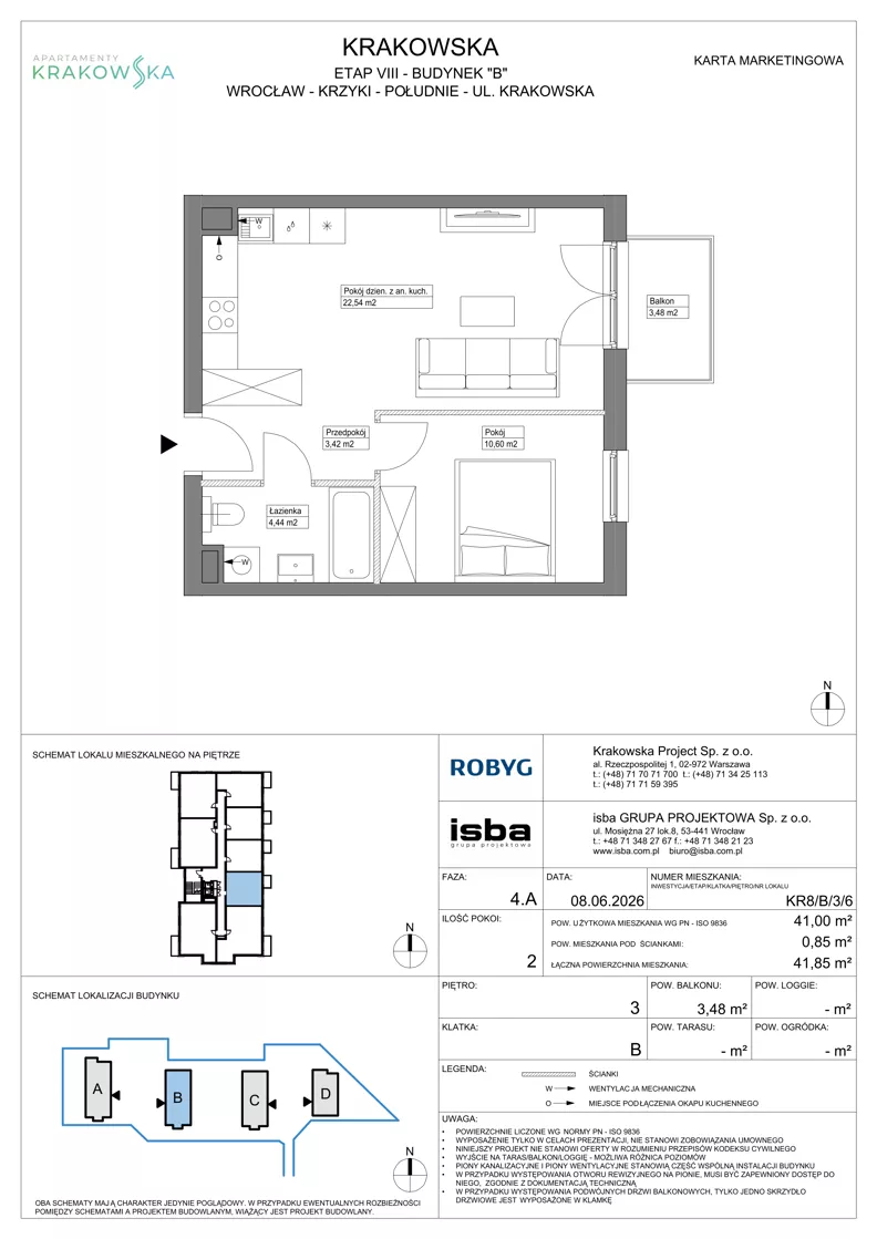 2 pokoje, mieszkanie 41,00 m², piętro 3, oferta nr KR8/B/3/6, Apartamenty Krakowska 8, Wrocław, Przedmieście Oławskie, Krzyki, ul. Krakowska