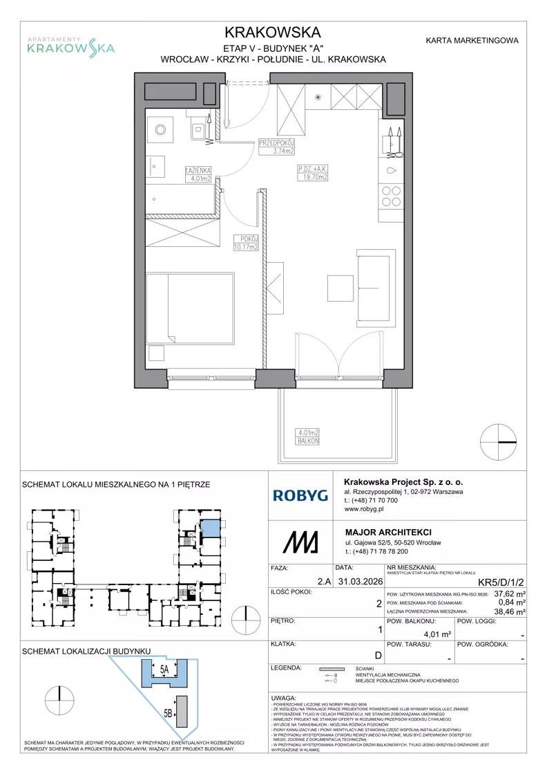 2 pokoje, mieszkanie 37,62 m², piętro 1, oferta nr KR5/D/1/2, Apartamenty Krakowska 5, Wrocław, Przedmieście Oławskie, Krzyki, ul. Krakowska