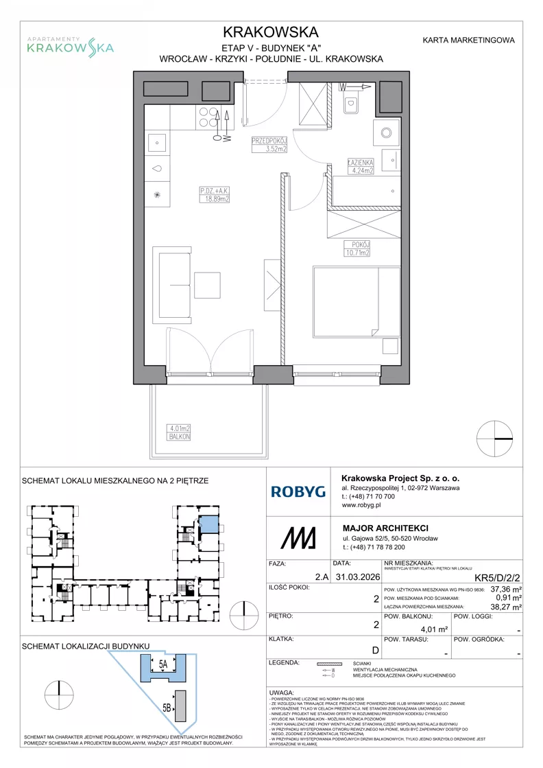 2 pokoje, mieszkanie 37,36 m², piętro 2, oferta nr KR5/D/2/2, Apartamenty Krakowska 5, Wrocław, Przedmieście Oławskie, Krzyki, ul. Krakowska