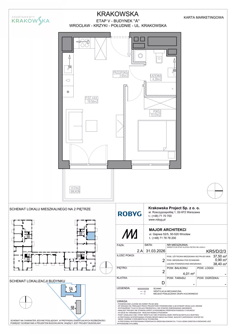 2 pokoje, mieszkanie 37,50 m², piętro 2, oferta nr KR5/D/2/3, Apartamenty Krakowska 5, Wrocław, Przedmieście Oławskie, Krzyki, ul. Krakowska