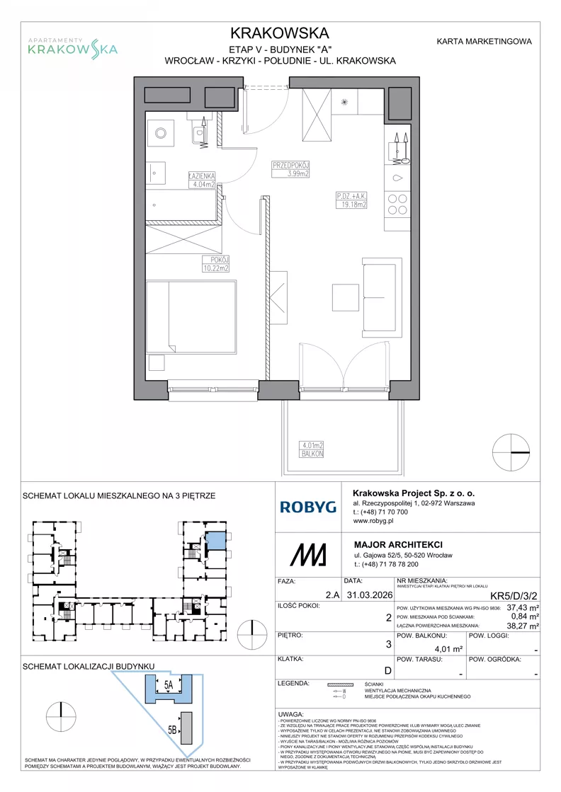 2 pokoje, mieszkanie 37,43 m², piętro 3, oferta nr KR5/D/3/2, Apartamenty Krakowska 5, Wrocław, Przedmieście Oławskie, Krzyki, ul. Krakowska