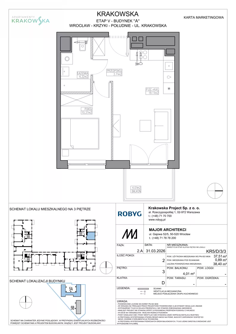 2 pokoje, mieszkanie 37,51 m², piętro 3, oferta nr KR5/D/3/3, Apartamenty Krakowska 5, Wrocław, Przedmieście Oławskie, Krzyki, ul. Krakowska