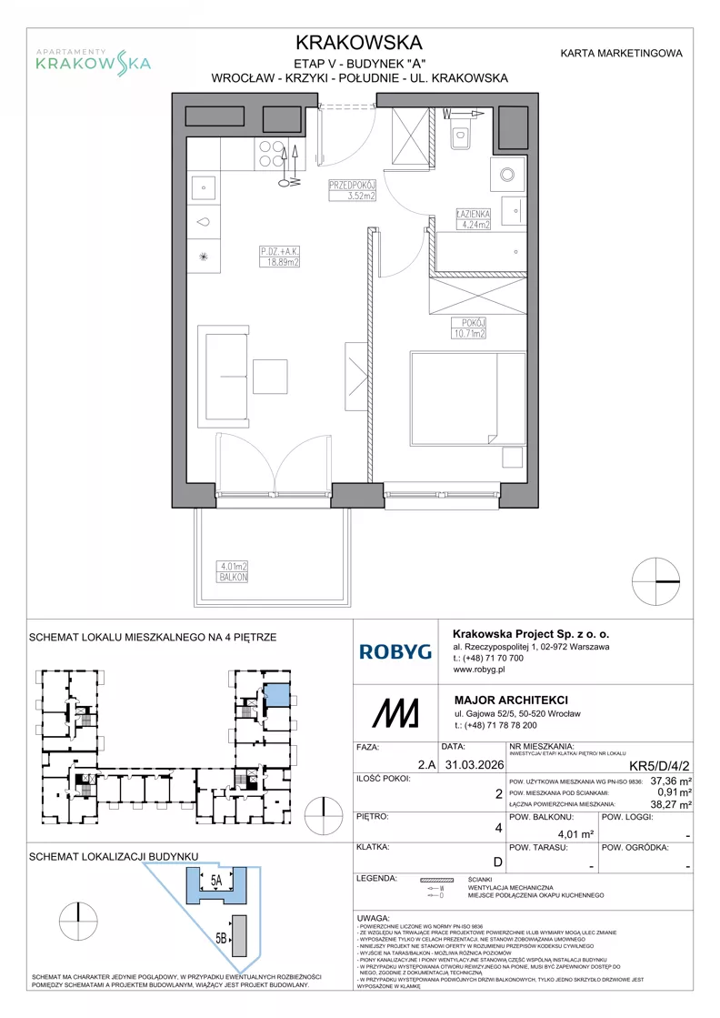 2 pokoje, mieszkanie 37,36 m², piętro 4, oferta nr KR5/D/4/2, Apartamenty Krakowska 5, Wrocław, Przedmieście Oławskie, Krzyki, ul. Krakowska