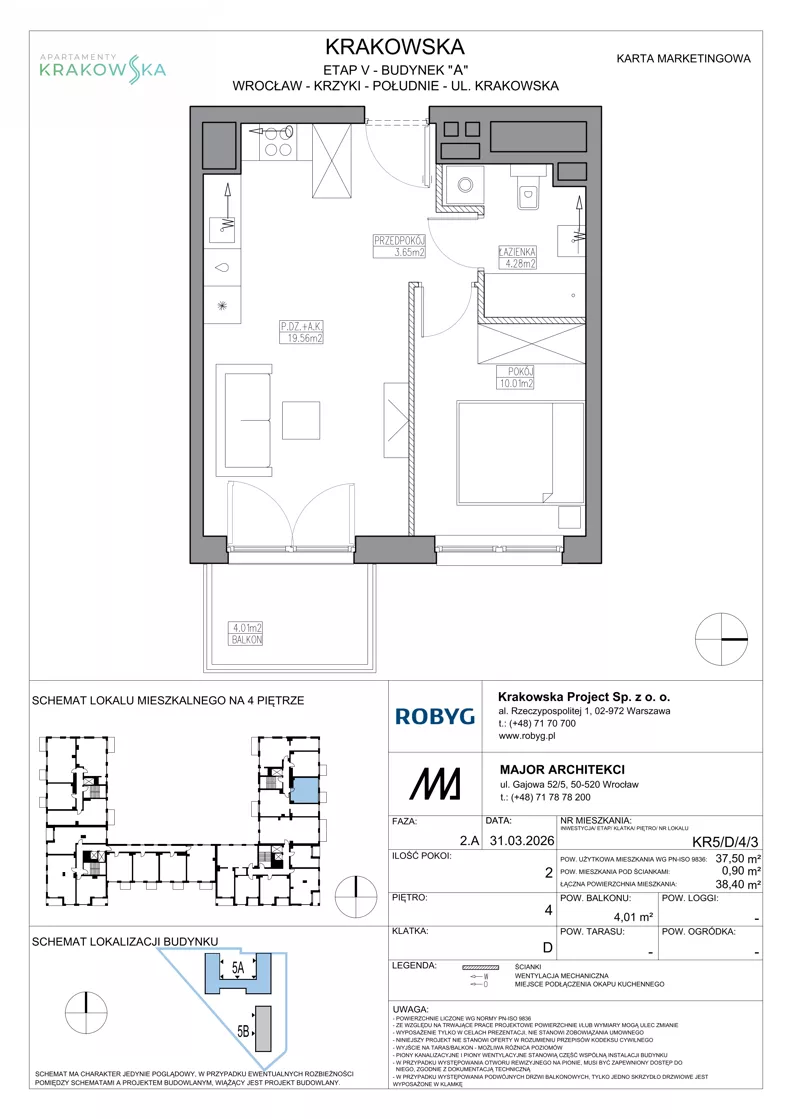 2 pokoje, mieszkanie 37,50 m², piętro 4, oferta nr KR5/D/4/3, Apartamenty Krakowska 5, Wrocław, Przedmieście Oławskie, Krzyki, ul. Krakowska