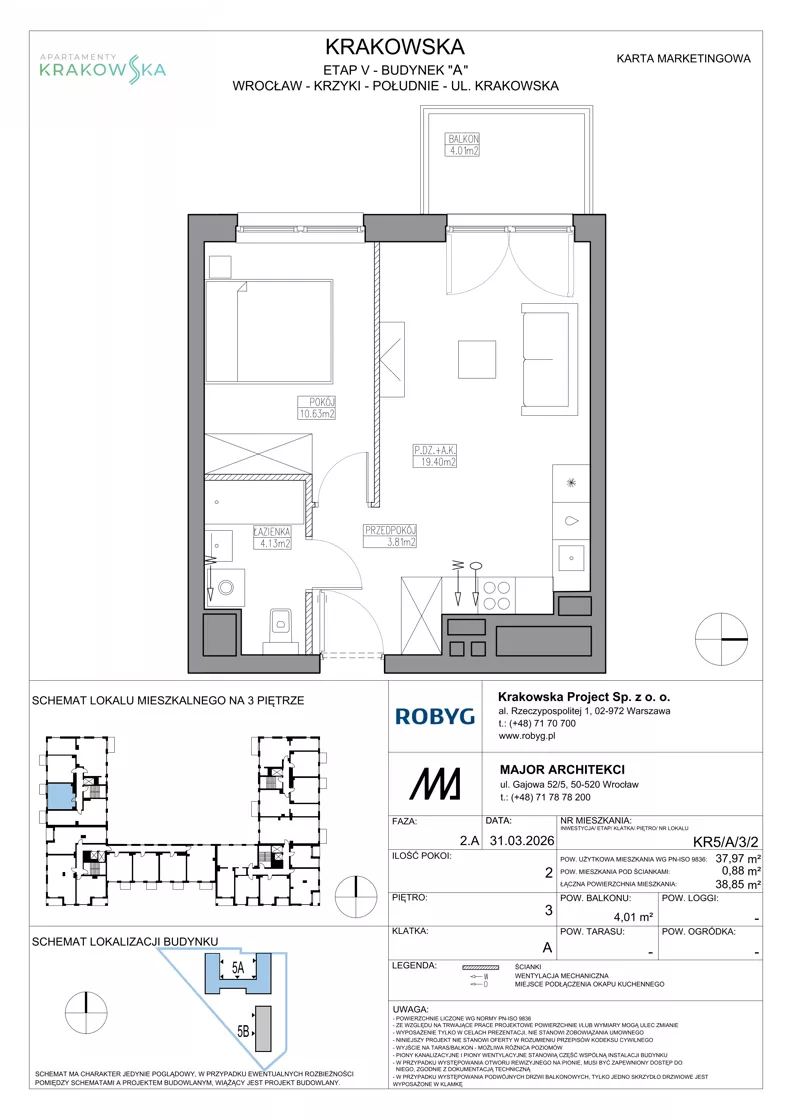 2 pokoje, mieszkanie 37,97 m², piętro 3, oferta nr KR5/A/3/2, Apartamenty Krakowska 5, Wrocław, Przedmieście Oławskie, Krzyki, ul. Krakowska
