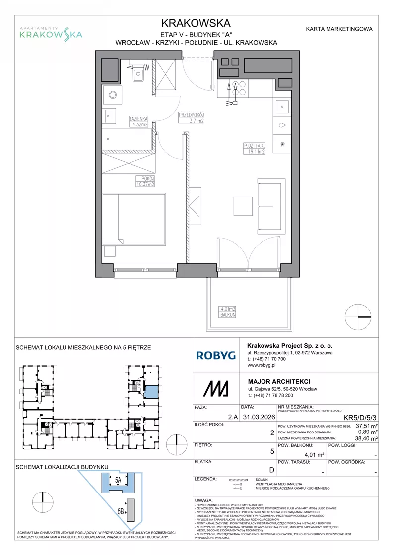 2 pokoje, mieszkanie 37,51 m², piętro 5, oferta nr KR5/D/5/3, Apartamenty Krakowska 5, Wrocław, Przedmieście Oławskie, Krzyki, ul. Krakowska