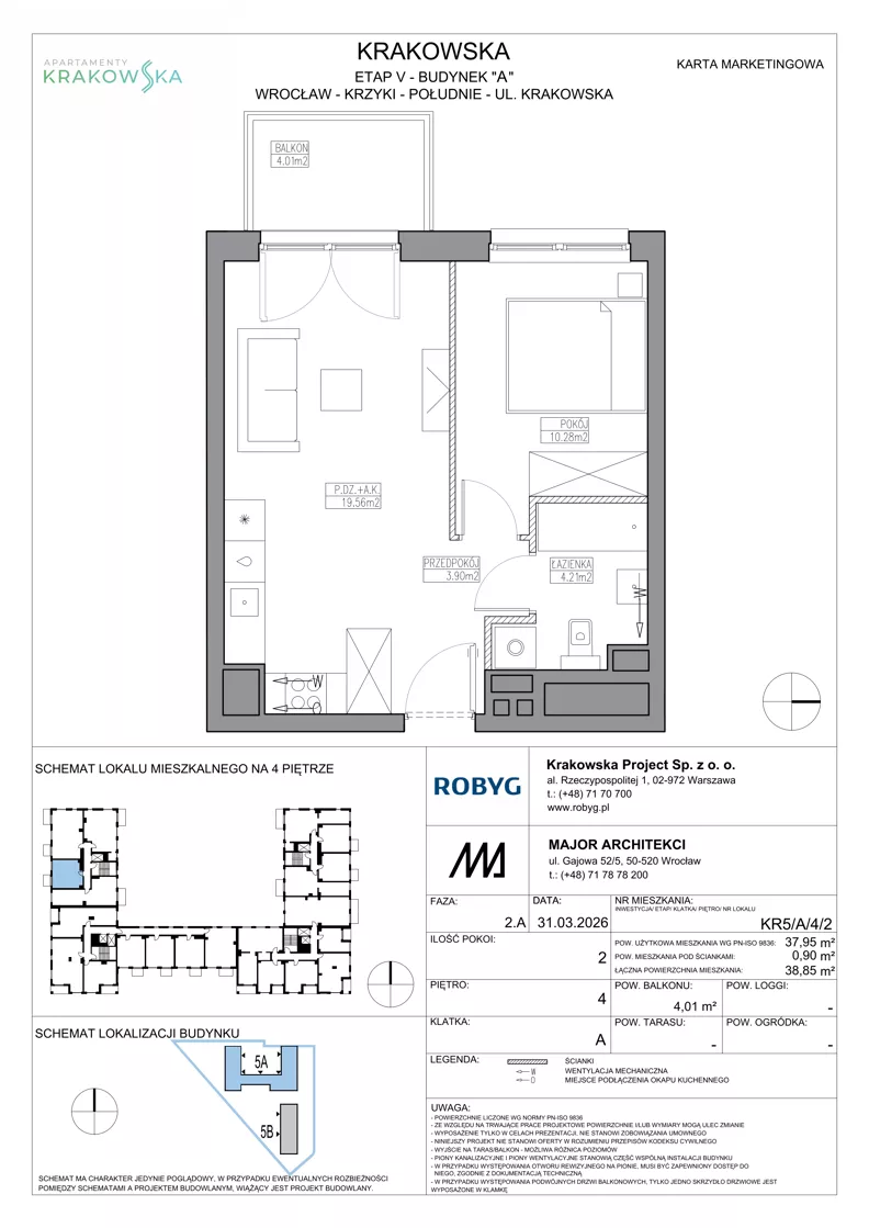 2 pokoje, mieszkanie 37,95 m², piętro 4, oferta nr KR5/A/4/2, Apartamenty Krakowska 5, Wrocław, Przedmieście Oławskie, Krzyki, ul. Krakowska