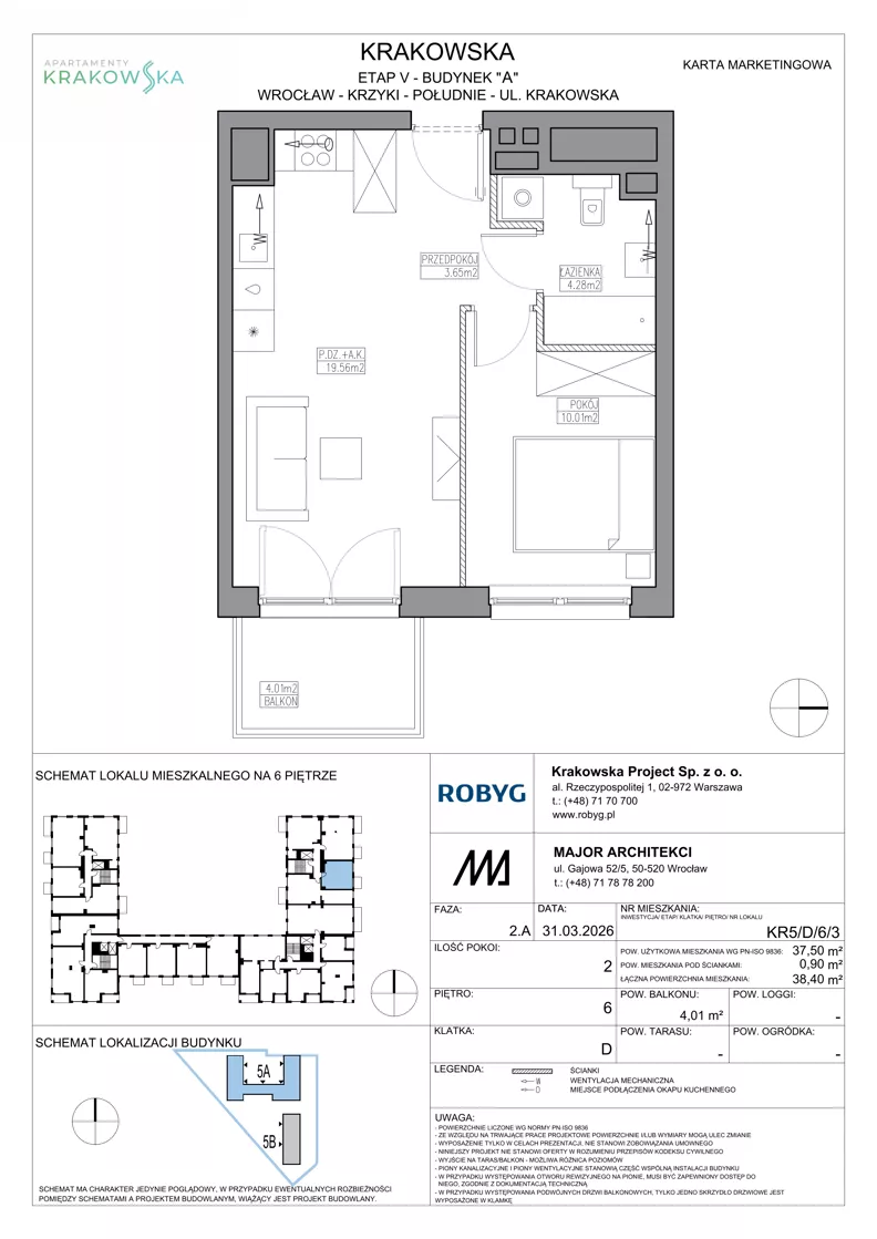 2 pokoje, mieszkanie 37,50 m², piętro 6, oferta nr KR5/D/6/3, Apartamenty Krakowska 5, Wrocław, Przedmieście Oławskie, Krzyki, ul. Krakowska