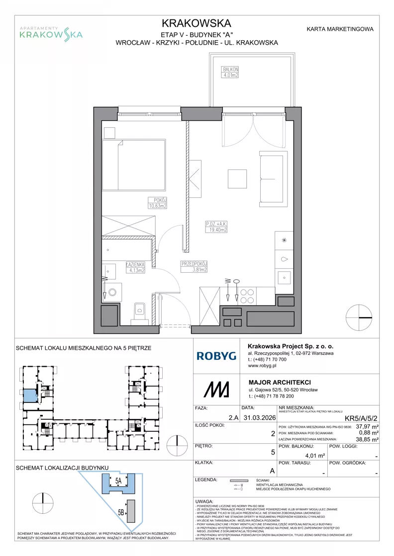 2 pokoje, mieszkanie 37,97 m², piętro 5, oferta nr KR5/A/5/2, Apartamenty Krakowska 5, Wrocław, Przedmieście Oławskie, Krzyki, ul. Krakowska